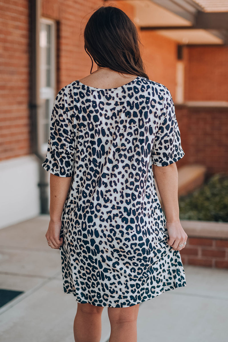 Leopard V-Neck Short Sleeve Mini Dress with Pockets