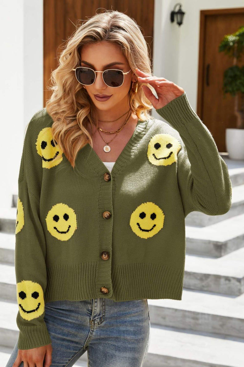 Smiley Face Ribbed Trim V-Neck Cardigan