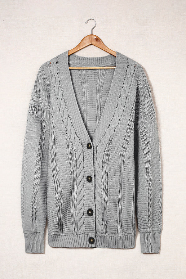 Cable-Knit Button Front V-Neck Cardigan