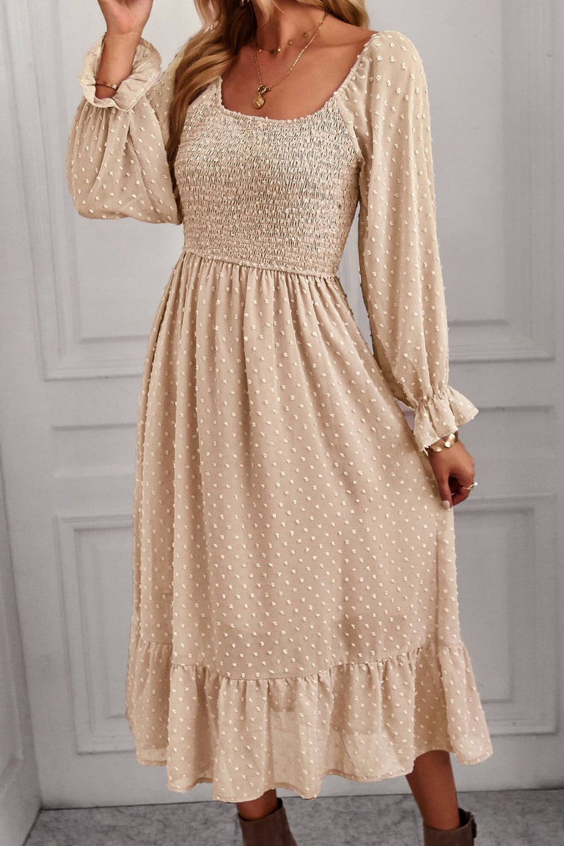 Swiss Dot Smocked Ruffle Hem Flounce Sleeve Dress