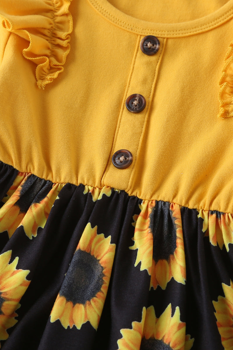 Girls Ruffle Shoulder Sunflower Pattern Dress