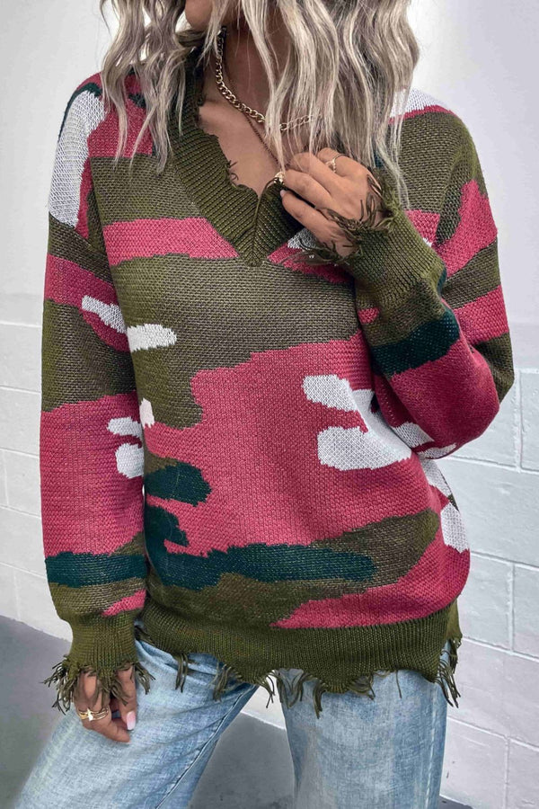 Multicolored V-Neck Distressed Drop Shoulder Sweater