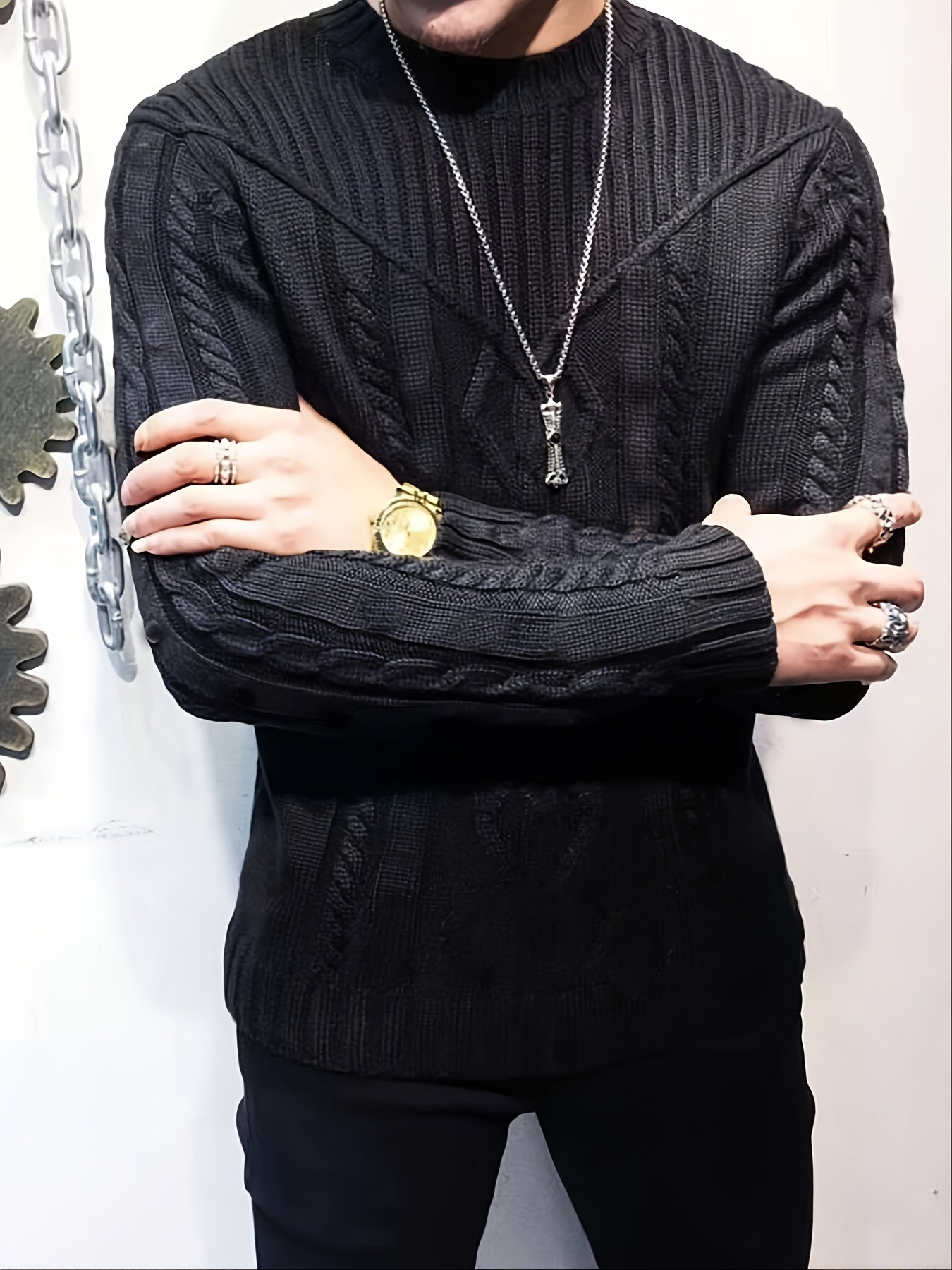 Men's Casual Black Ribbed Knit Pullover Sweater For Winter