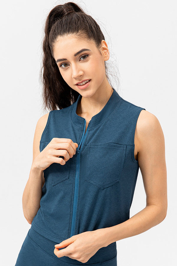 Highly Stretchy Zip Up Sports Vest with Breast Pockets