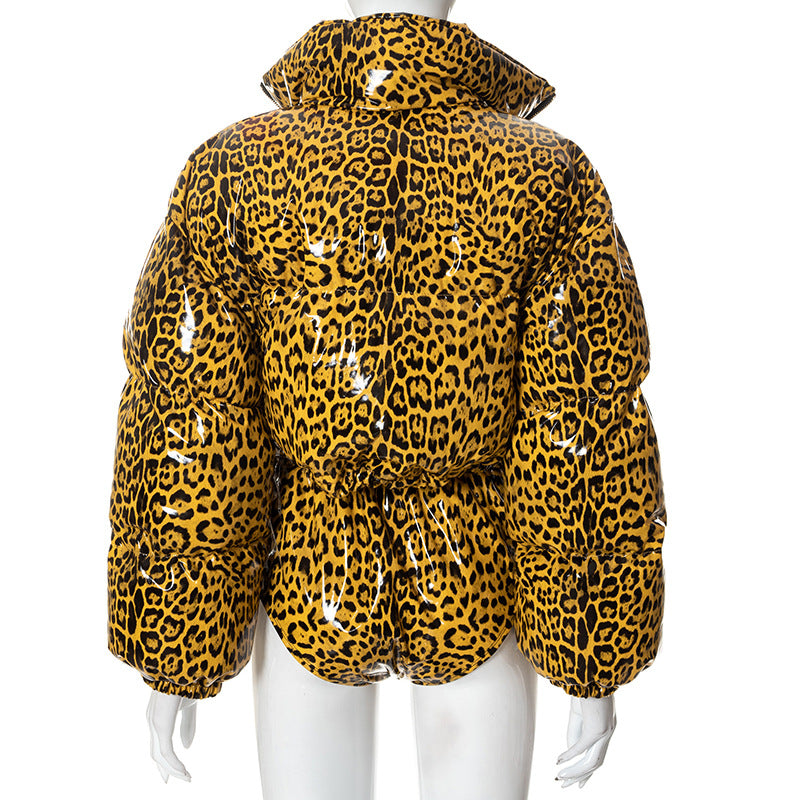 Lady's stand collar cardigan leopard warm casual cotton paded jacket
