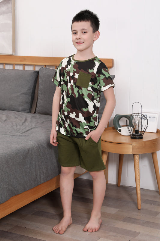 Boy's Camo Pattern Short Sleeve Top Cotton Shorts Loungewear Set