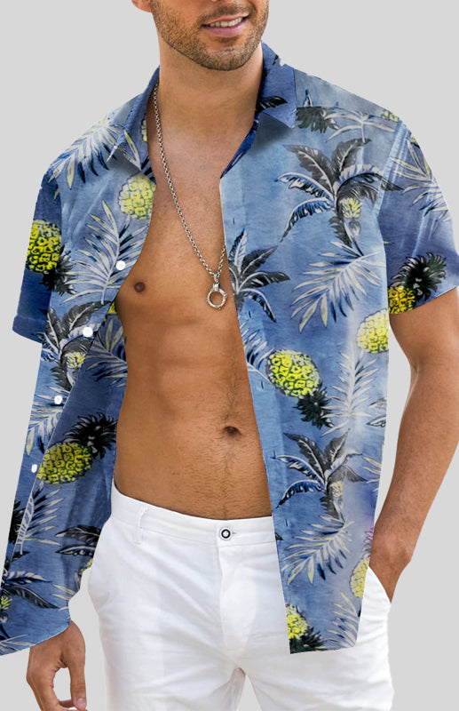 Sky Blue Men's Hawaiian Printed Turn-down Collar Button Short Sleeve Shirt