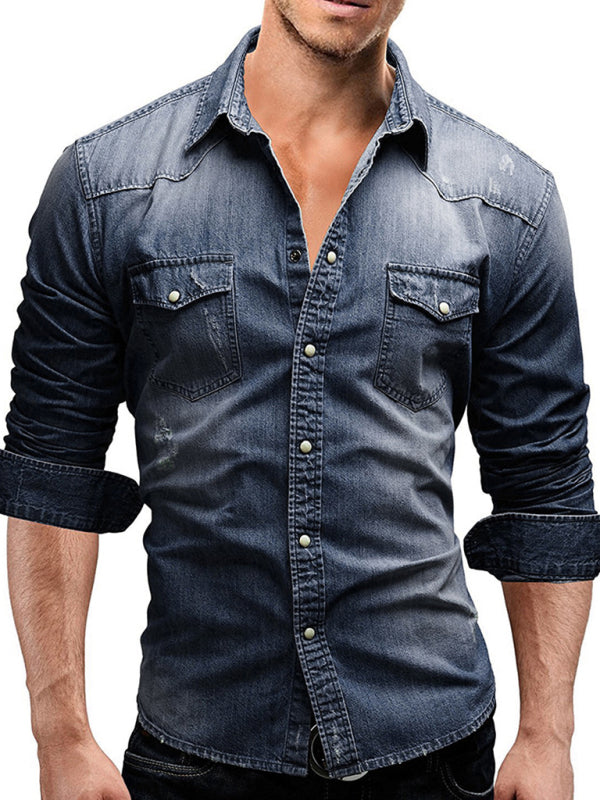 Casual Men's Double Pocket Men's Casual Long Sleeve Denim Shirt Jacket