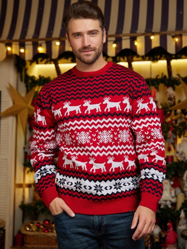 Men's Christmas Crew Neck Elk Jacquard Long Sleeve Sweater