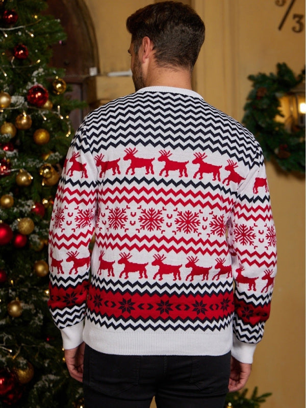 Men's Christmas Crew Neck Elk Jacquard Long Sleeve Sweater