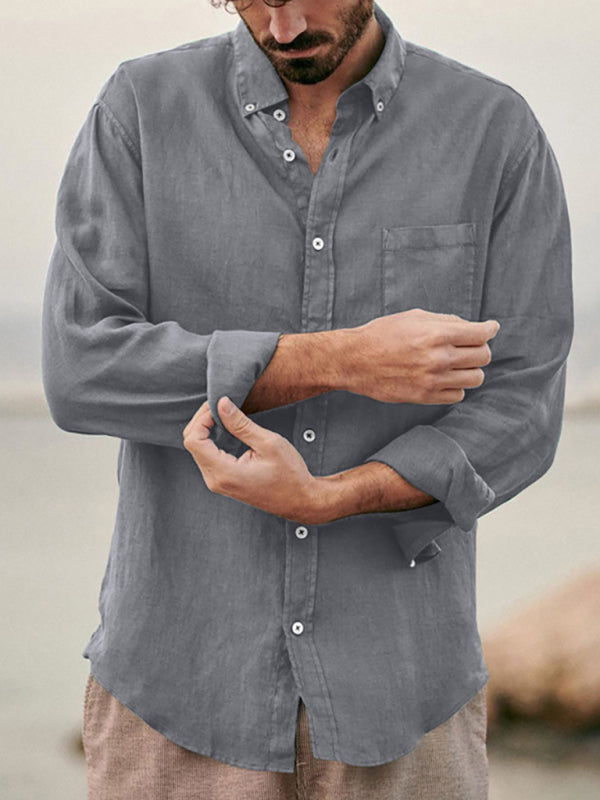 Men’s Fashionable Linen Collared Button Down Long Sleeve Shirt With Front Chest Pocket