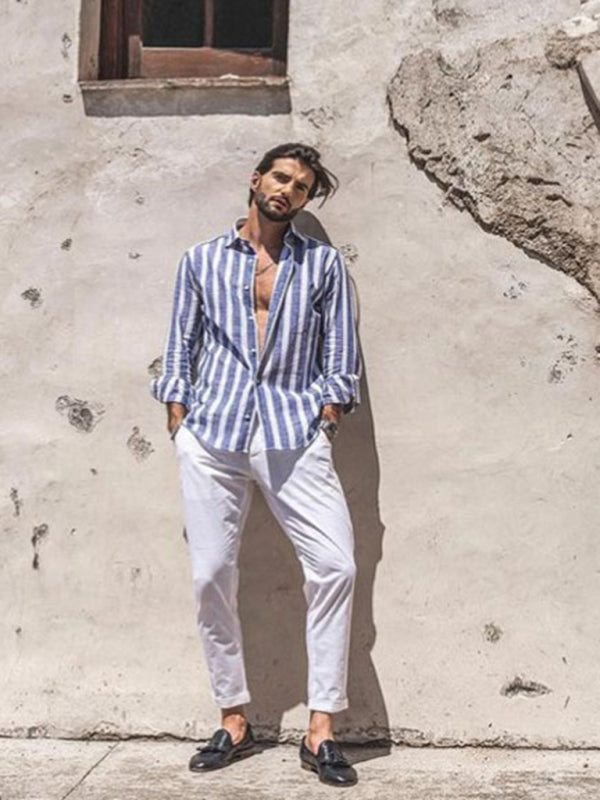 New European and American men's casual comfortable lapel striped beach print long-sleeved shirt