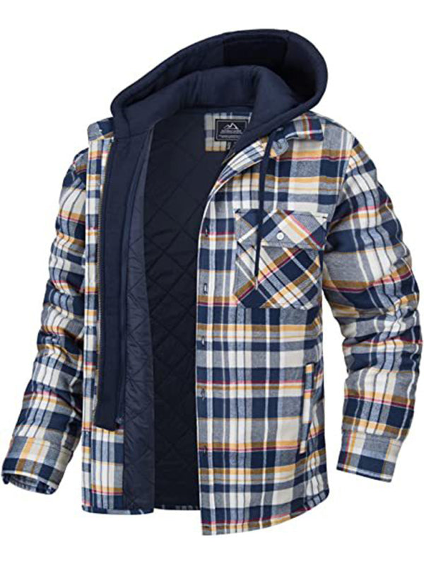 Men casual Thickened Padded Plaid Long Sleeve Loose Hooded Jacket