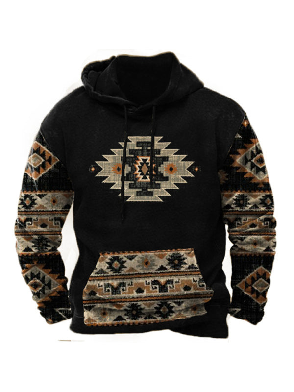Men’s Bold Patterns Long Sleeve Drawstring Hood Kangaroo Pocket At Front Hooded Sweater Top