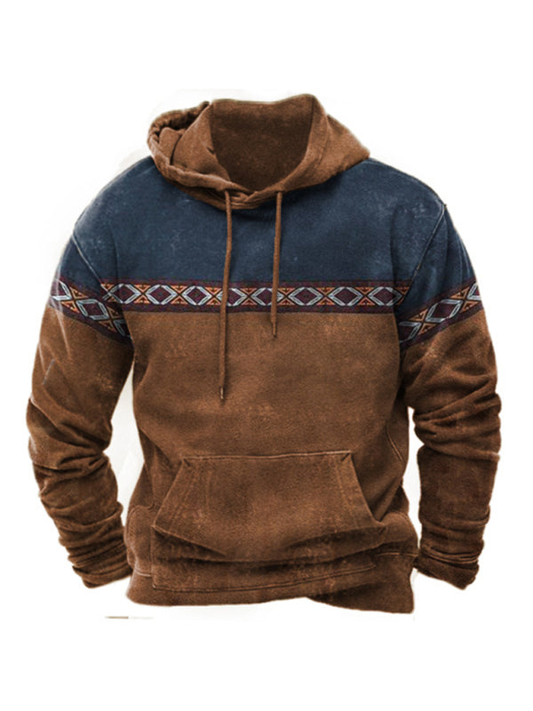 Men’s Bold Patterns Long Sleeve Drawstring Hood Kangaroo Pocket At Front Hooded Sweater Top