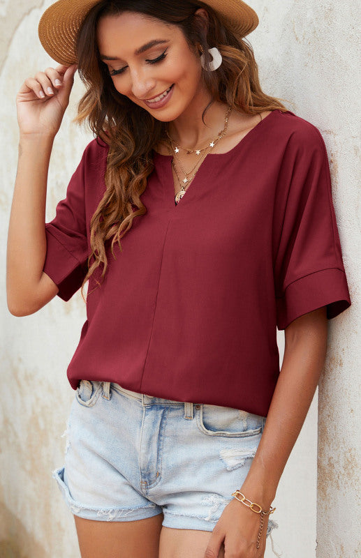 Pure Color V-Neck Short-Sleeved Casual Top