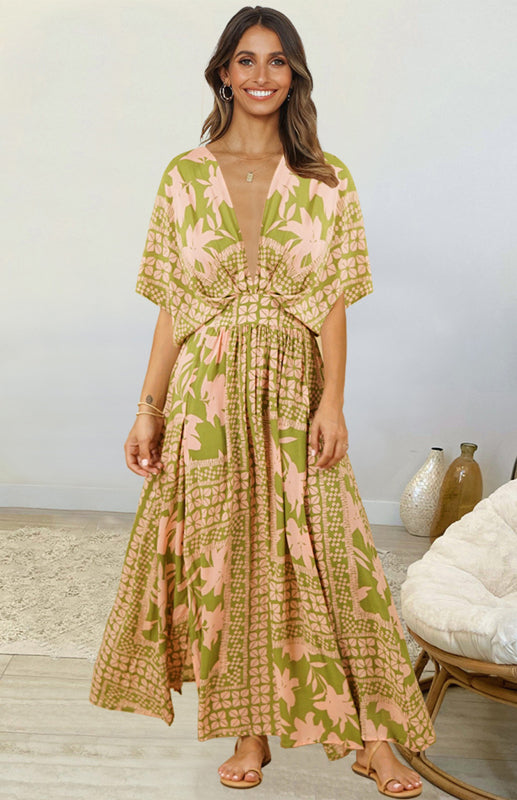 Women's Doll Sleeve V-Neck Print Beach Dress