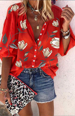 Floral Printed Stand Collar Loose Casual Shirt