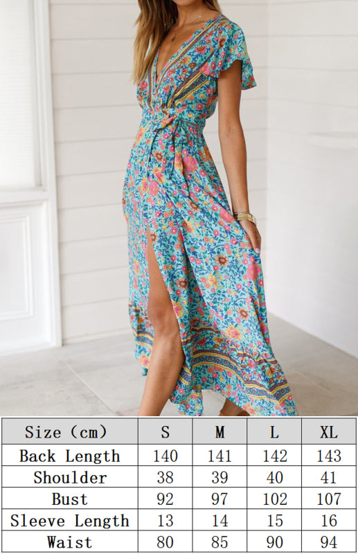Ladies Deep V Neck Printed Slit Sexy Long Dress