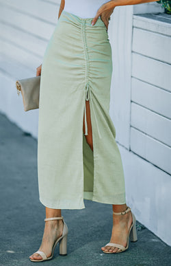 Green Drawstring Ruched Side Split High Waist Long Skirt