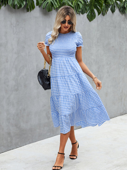 Women's fashion Plaid print pleated short sleeved dress