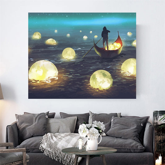 Moon And Boat Wall Art Oil Print  Paintings