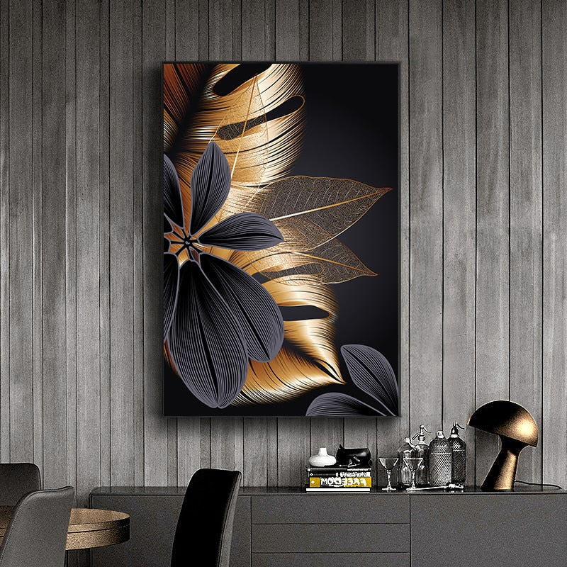 Black Golden Plant Leaf Canvas